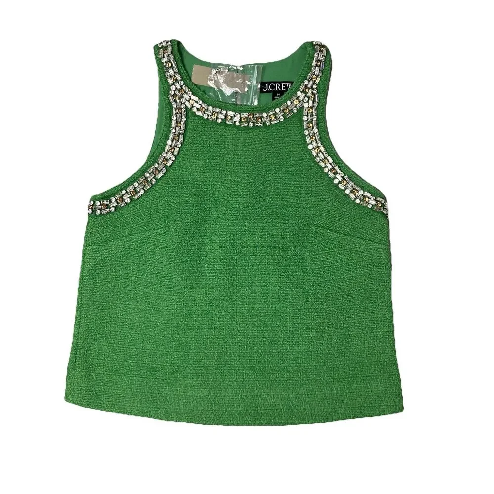 J Crew Tweed Tank Womens 00 Green Embellished Rhinestone Sleeveless CQ189